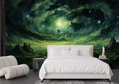 A completely green futuristic landscape with stars and planets and a green sky concept art illustration Wall mural