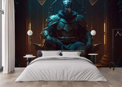 a dark knight with a black full armor and helmet sitting on a throne in the style of a fantasy dungeons and dragons character Wall mural