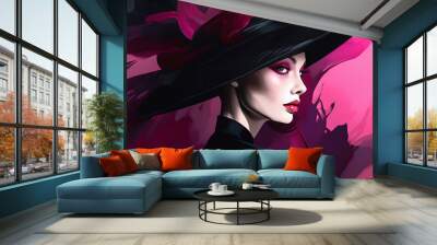 A glamourous woman wearing a long black hat Generative Ai Wall mural