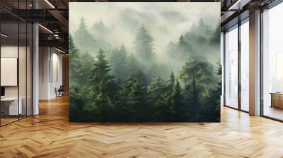 A painting of a forest filled with lots of trees in the mist Wall mural