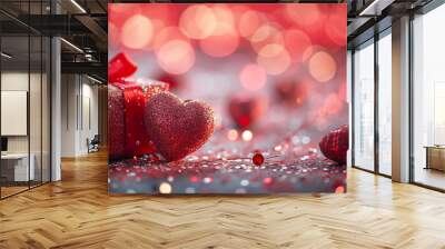 A Sparkling Red Gift and Heart Amidst a Sea of Red Bokeh Lights, Valentine's Day concept, Generative AI Wall mural