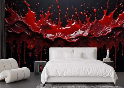 Close up of blood splatter isolated on black background with three dimensional lighting, detailed blood explosion, studio shot. Violence and horror concept Wall mural