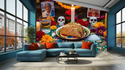 Close up of colorful Day of the Dead altar with tacos surrounded by traditional sugar skulls and offerings - Salt , a glass of water, tequila, marigold flowers, candles and photos of deceased women Wall mural