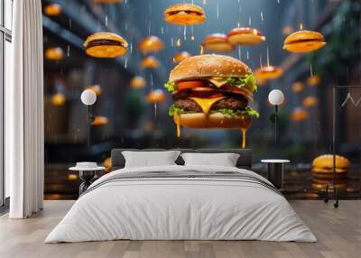 Delicious beef burger falling from the sky with more burgers surrounding it. It's raining hamburgers Wall mural