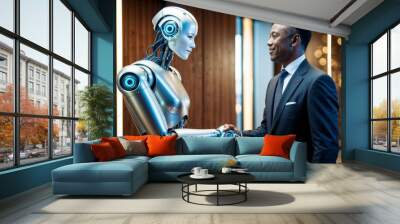 Middle aged African business man shaking hands with robot, concept of cooperation between person and AI mechanism, using technology for increased productivity in business, human and machine as team Wall mural