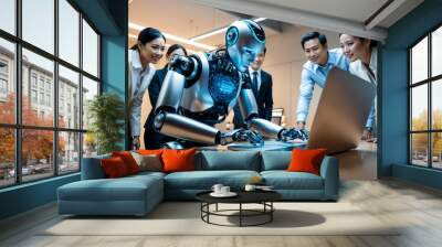 People in office looking at humanoid robot while he is performing tasks and working on laptop computer, advanced AI of sophisticated technology replacing human work, automation of tasks in workplace Wall mural