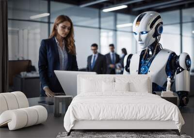 Robot working on laptop in office with female employee on the side, fearing that she will lose her job. Artificial intelligence replacing humans, impact of AI technology at work, modern social issue Wall mural