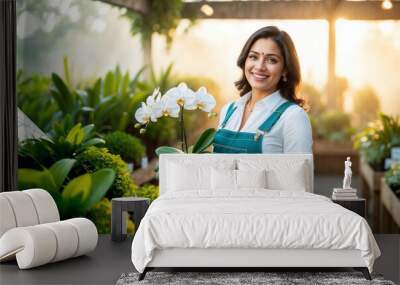 Young adult Indian woman, portrait of florist holding flowerpot with orchids at plant shop, gardener owner of small business working at greenhouse, successful entrepreneur smiling surrounded by plants Wall mural