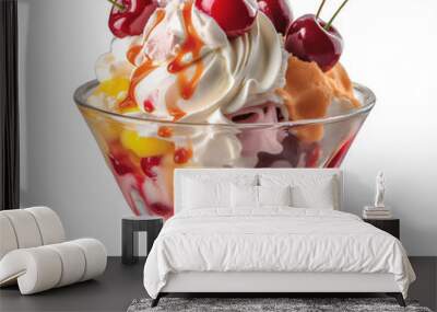 An ice cream sundae with cherries and whipped cream  on a transparent background png isolated Generative Ai Wall mural