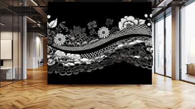 Black and white floral drawing on a black background Generative Ai Wall mural