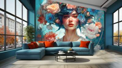 blue hair woman with a floral crown fantasy character portrait Generative Ai Wall mural