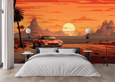 Car racing on street sunset, illustration, concept art pixel art, game art, retro futuristic, generative AI	 Wall mural