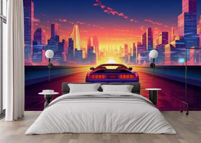 Car racing on street sunset, illustration, pixel art, game art, retro futuristic, generative AI Wall mural