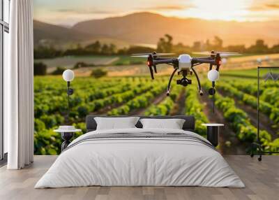 Drone technology in action, monitoring crops on sustainable smart farm under sunset skies. Impact of agricultural drones in monitoring and enhancing crop productivity on smart farms Wall mural