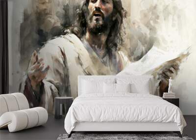 Jesus preaching to the people watercolor painting isolated on a white background Generative Ai Wall mural