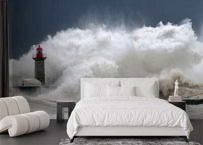 Lighthouse and large oceanic wave in a storm, Porto, Portugal Wall mural