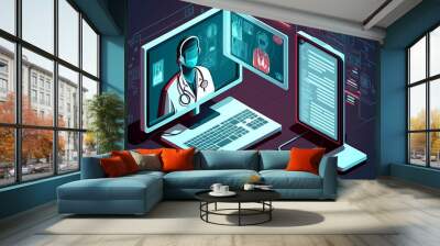 Generative AI illustration of patient talk consult with doctor using video call on laptop Wall mural