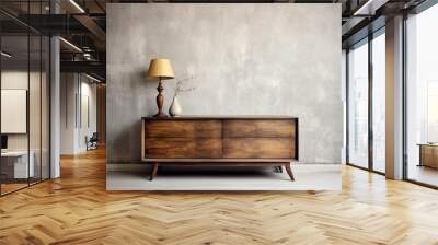 Retro wooden dresser against concrete wall. Vintage home interior design of modern living room, Generative AI Wall mural