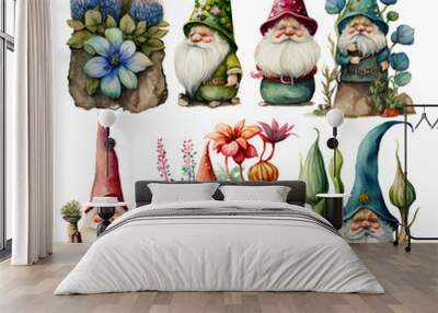 set of garden gnomes drawings isolated on a white background Generative Ai Wall mural