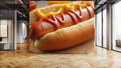 Studio photo of a hot dog with ketchup and mustard, widescreen 16:9, 300 dpi, with free space for text Wall mural