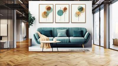 Teal sofa and armchair against white wall with three art posters. Scandinavian style home interior design of modern living room, Generative AI Wall mural