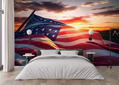 USA flag waving on a sunset Generative AI Wall mural