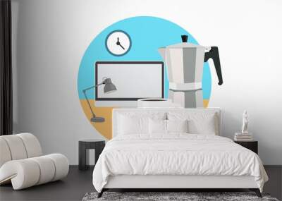 Vector Isolated Illustration of a Breakfast, with a coffee maker, a cup of coffe, a computer, a lamp and a clock. Morning Breakfast Icon Wall mural