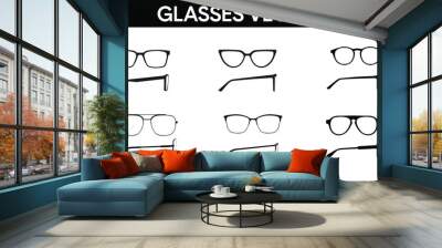 Vector isolated Illustration of a Glasses Frame Set. Set of Black glasses Frame Front and Side View Wall mural