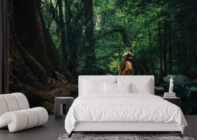 Young girl reading a book and nature background Wall mural