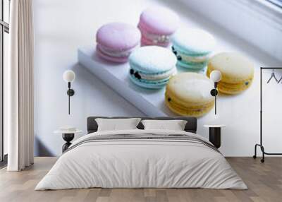 colorful macarons on white tray Wall mural