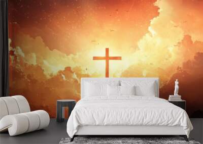 A glowing cross in the midst of a fiery, radiant sky, symbolizing faith, salvation, and the divine power of Christianity in a dramatic and awe-inspiring display Wall mural