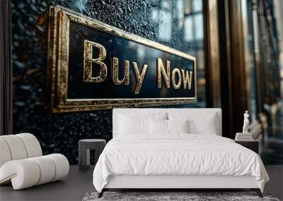 Classic 'Buy Now' Sign with Gold Lettering on Dark Surface Wall mural