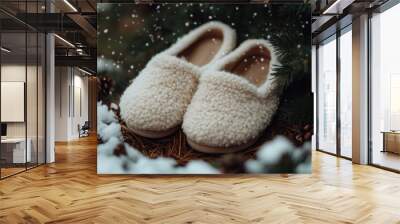 Cozy Fluffy Slippers in Winter Setting Wall mural