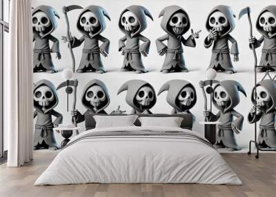 Cute Grim Reaper Cartoon Characters in Various Poses and Expressions Wall mural