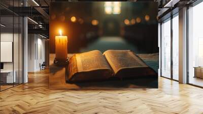 Open book with a candle in a dimly lit church, creating a peaceful and spiritual atmosphere Wall mural