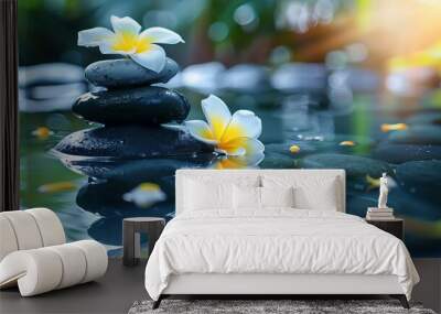 Peaceful Spa Concept with Stacked Zen Stones and Floating Flowers Wall mural