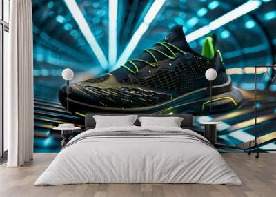 Stylish Black and Neon Green Men's Running Shoes Wall mural