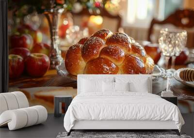 Traditional Challah Bread with Apples and Honey on Festive Rosh Hashanah Table Wall mural