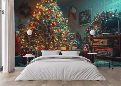 Vintage Christmas living room with holiday decorations and glowing tree Wall mural