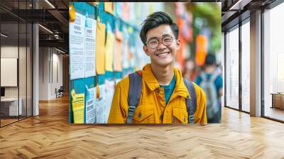 Joyful Student Celebrating University Acceptance. Student expressing joy after finding her name among the accepted on noticeboard for university admission. Wall mural