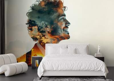 Businessman smiling with sunset and skyline double exposure Wall mural