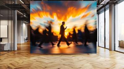 Businessman walking with phone at sunset in a crowd Wall mural