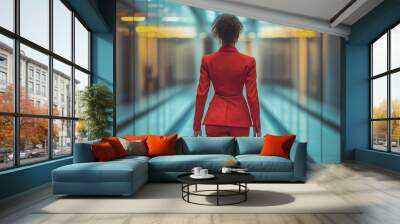 Businesswoman walking away in modern office building corridor Wall mural