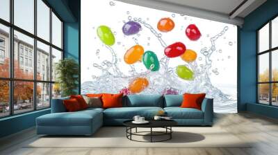 Colorful jelly beans splashing in water on white background Wall mural