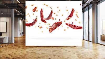 Dried red chili peppers falling down on white background Wall mural