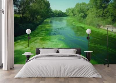 Green algae covering river water in summertime Wall mural