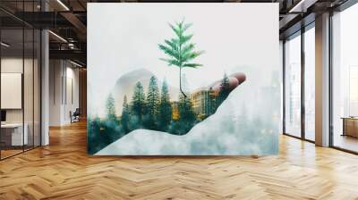 Hand holding growing plant with city and forest double exposure Wall mural