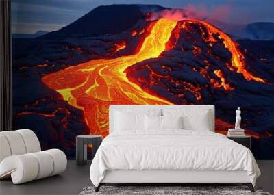 Lava flows down a volcanic landscape at twilight, showcasing the natural beauty of molten rock in a serene atmosphere Wall mural