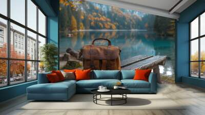 Leather bag resting on a bench by a tranquil lake in autumn Wall mural