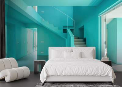 Modern minimalist turquoise interior featuring staircase leading to second floor Wall mural